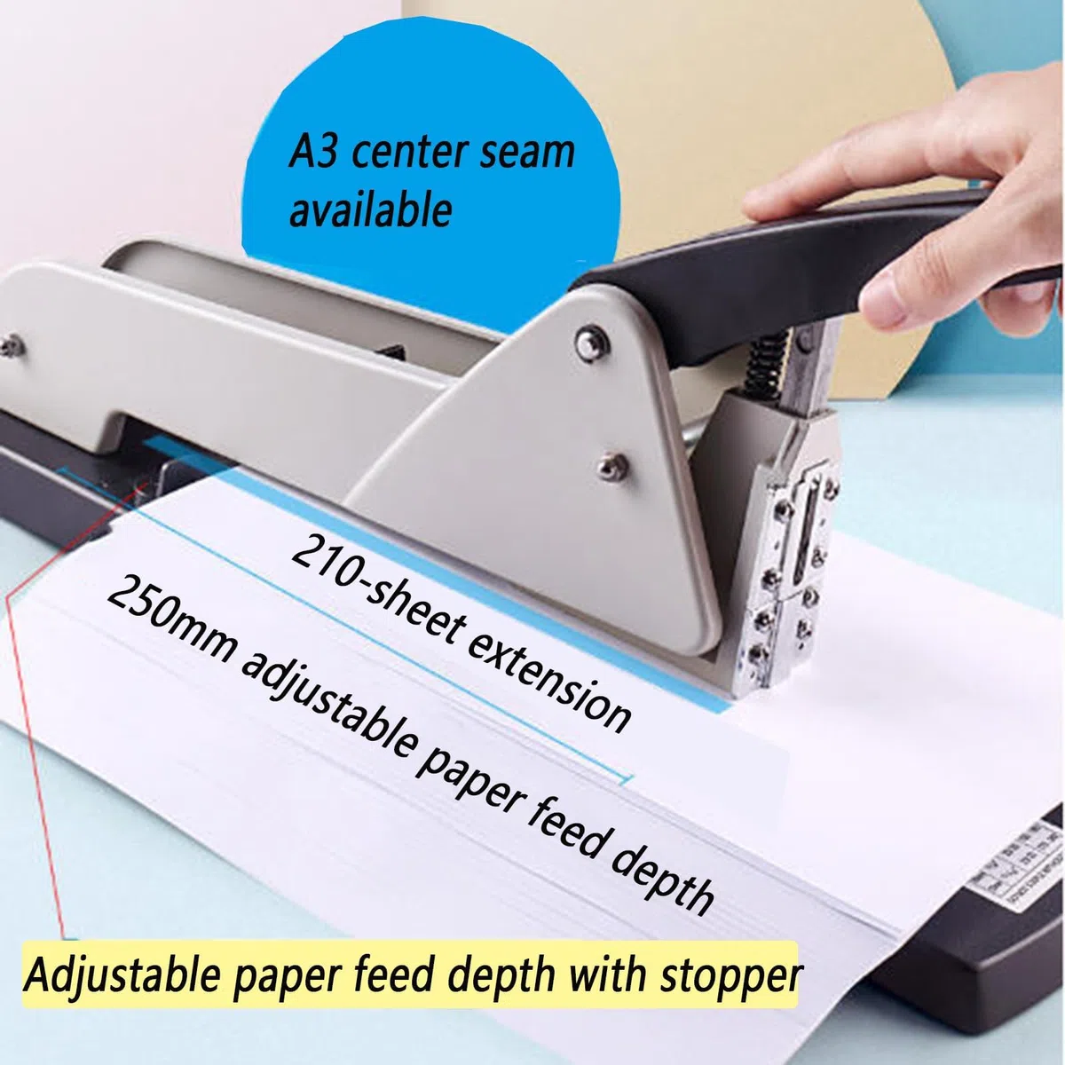 Grapadora de largo alcance, grapadora de brazo largo resistente, capacidad de 210 hojas, profundidad de grapado ajustable de 9.84 pulgadas, para encuadernación de folletos o papel
