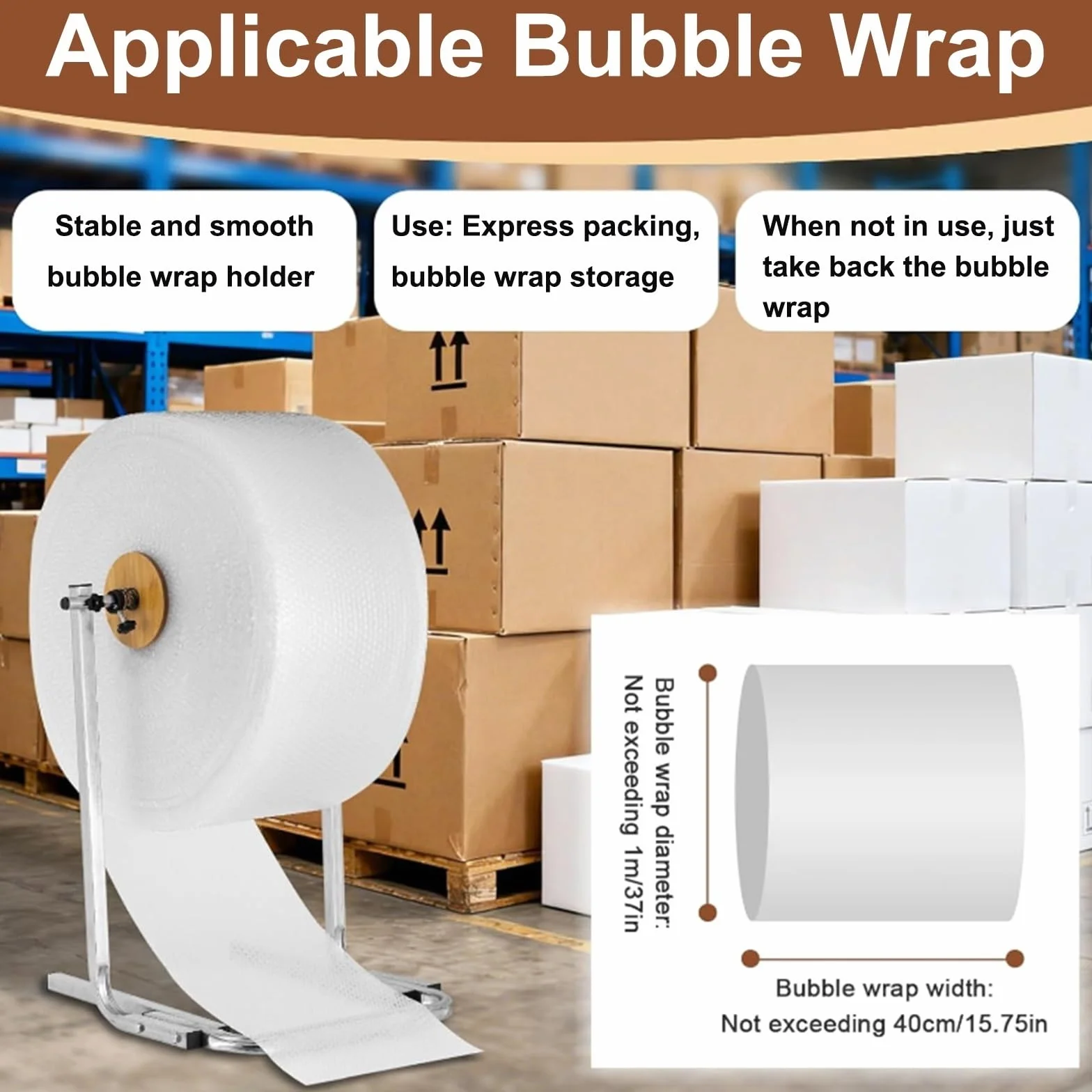 Este Soporte Vertical para Rollo de plástico de Burbujas con dispensador Manual de Espuma es Ideal para la manipulación y el Transporte de embalajes.