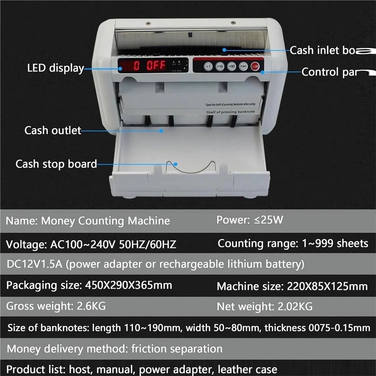 Contador de billetes portátil recargable, con detección de MG y pantallas LED, for llevar a cualquier lugar con una mochila, for pequeñas empresas, oficinas en el hogar y venta al por menor